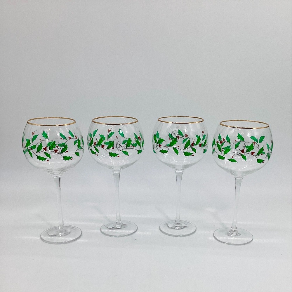 Lenox Christmas Wine Glasses, Set of 8: Gold Rim Holly Barware  (TBL) - Picture 3 of 11